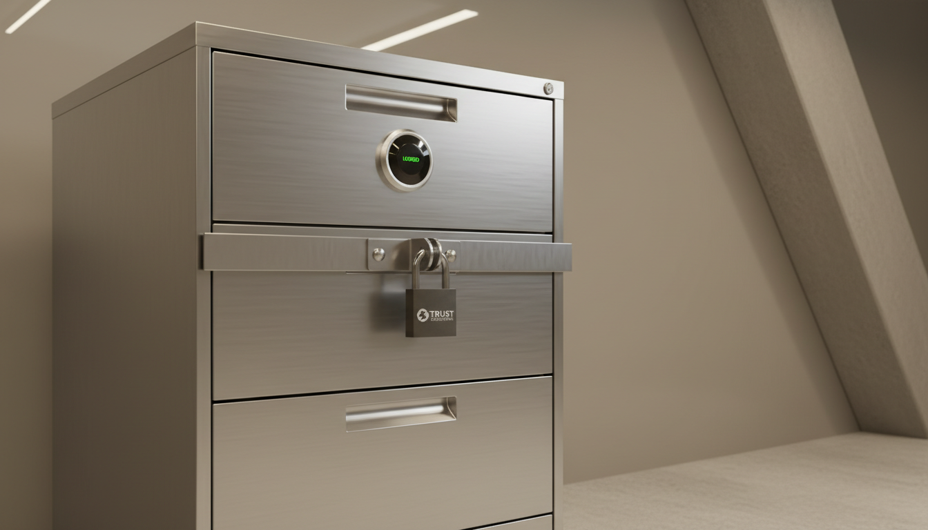 A close-up of a securely locked, modern steel filing cabinet with a brushed finish, set against a backdrop of a minimalist office wall in neutral greige tones. The setting is uncluttered, with only a hint of a structured architectural beam in the corner, emphasizing the order and confidentiality maintained. Gentle overhead LED lighting creates diffuse, even illumination with subtle, crisp shadows at the edges, imparting clarity and focus to the secure cabinet. The atmosphere is one of assurance and stability, supporting themes of risk mitigation and trust. The image is composed using rule of thirds for visual balance, with a clean modern photographic aesthetic, reinforcing the corporate, professional nature of the site.