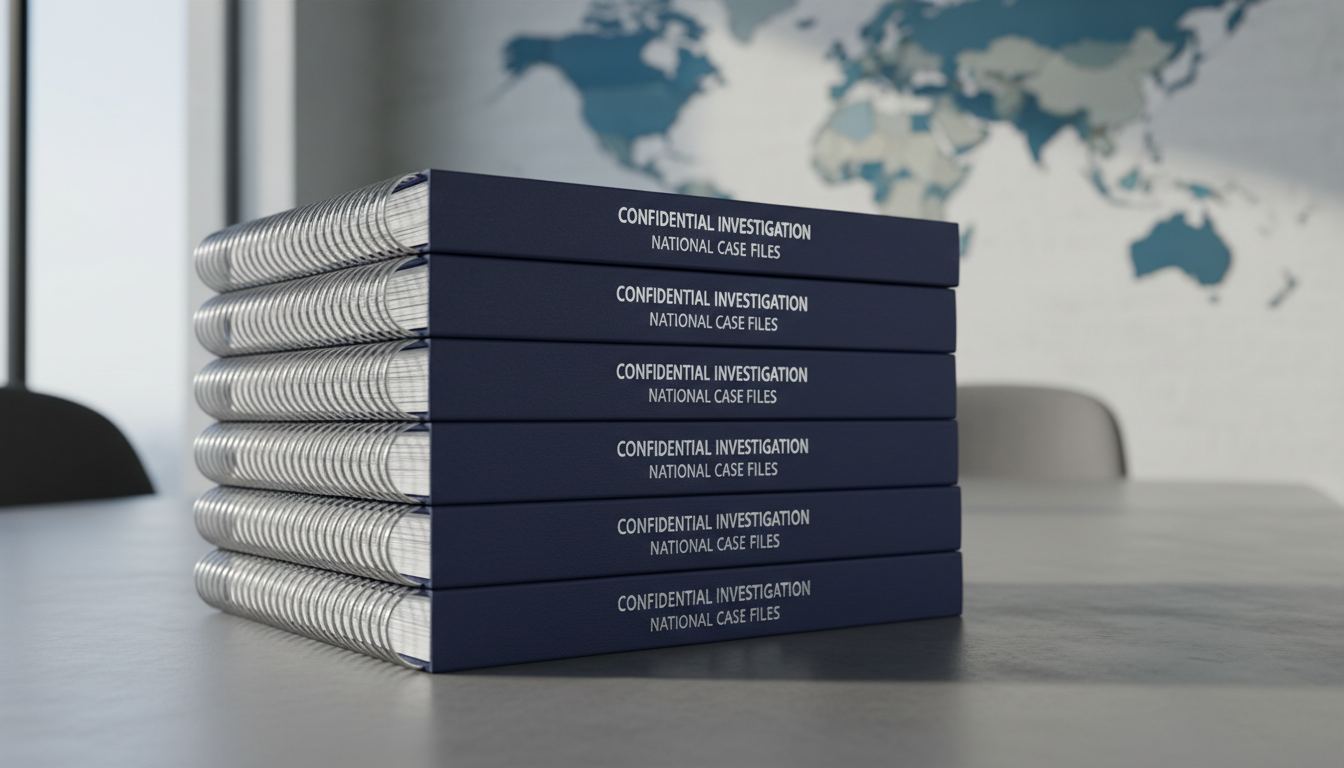 A highly-detailed stack of spiral-bound investigation reports with navy blue covers and silver foil-embossed titles, meticulously aligned on a matte concrete conference table. In the background, a wall-mounted world map in muted tones hints at nationwide coverage. Cool, diffused morning daylight from a large adjacent window softly illuminates the reports, casting elegant, barely-there shadows and highlighting the texture of the paper and metallic accents. The mood is analytical and diligent, emphasizing accuracy and reliability. Captured at an eye-level, three-quarter view, the composition is balanced and structured with a shallow depth of field subtly blurring the background, maintaining focus on the reports while illustrating scale and professionalism in a corporate investigative setting.