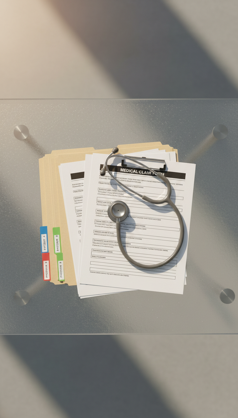 An elegant arrangement of medical claim documents, color-coded file tabs, and a high-quality stainless steel stethoscope, set neatly on a frosted glass tabletop. The background features neutral grey tones and architectural lines, exuding clarity and structure. Soft, diffused afternoon light flows through an unseen window, lending an even wash of illumination across the scene, with gentle reflections on the glass surface and delicate metallic glints on the stethoscope. The atmosphere is precise, serene, and highly organized, suggesting medical expertise and cost containment. Presented from a directly overhead, flat-lay perspective, the image achieves visual harmony and order, epitomizing clean, photographic realism with a business-forward sensibility.